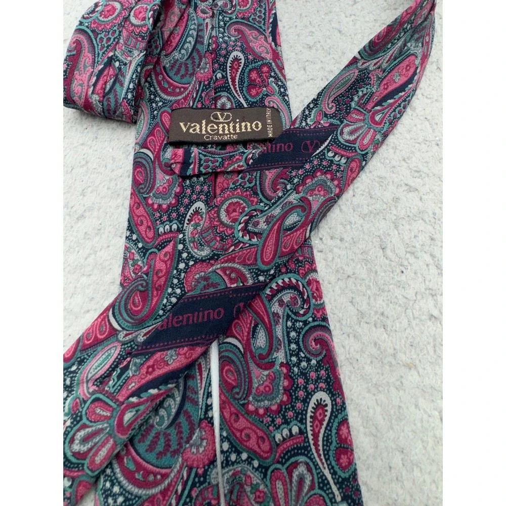 Valentino Paisley Silk Tie Pink Teal Made In Italy Designer Necktie